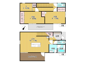 500万円、2LDK+S（納戸）、土地面積114.53m2、建物面積92m2 図面上２階吹き抜け部分が３．６２帖の納戸になっています！